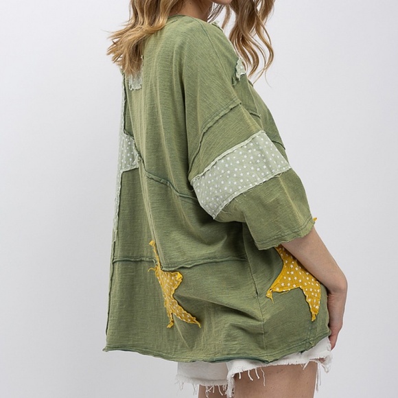 Bluevelvet Olive Green Raw Detail Star Patch Loose Fit Short Sleeve Top - Picture 5 of 10